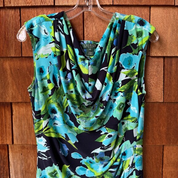 EUC Ralph Lauren Flora Sleeveless Drape Neckline Side Ruching Dress - Women's 16 - Picture 2 of 11